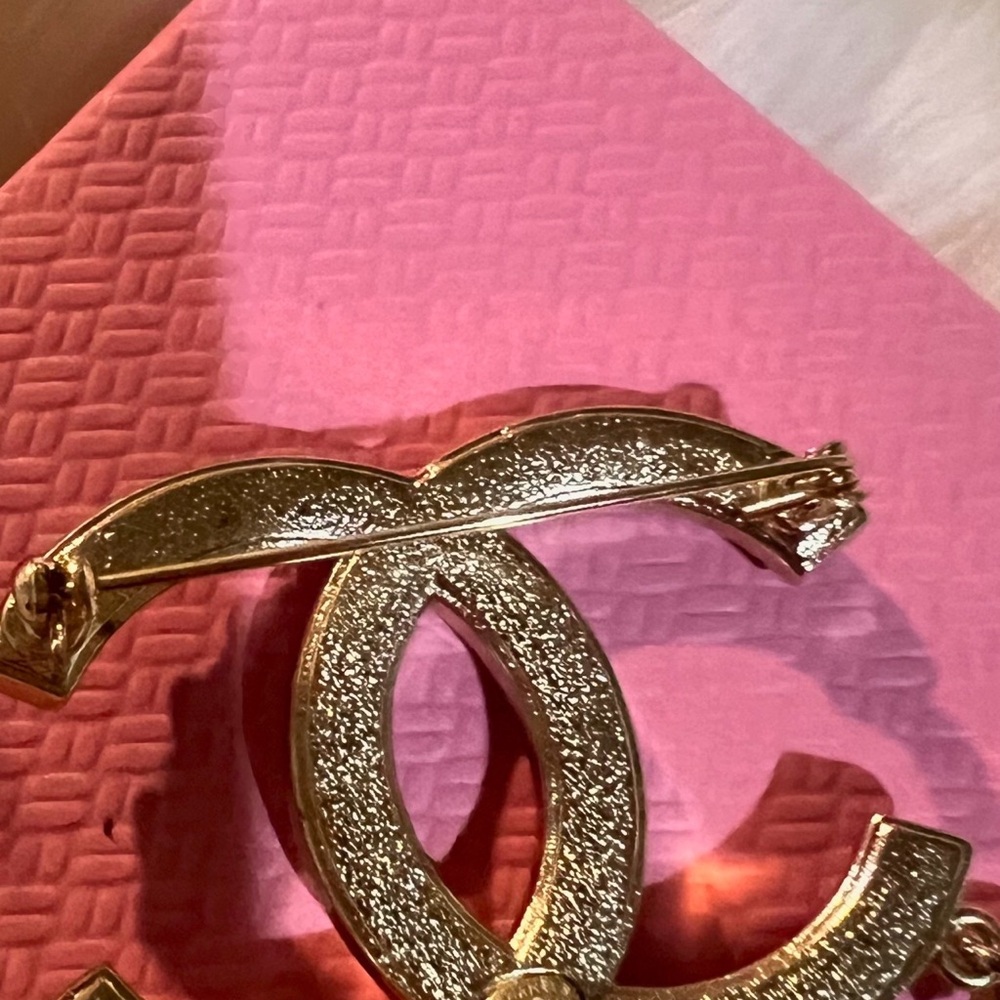 CHANEL Gold-Tone Pearl CC Brooch with Crystal Letter Charms - Gold & White - Picture 2 of 5